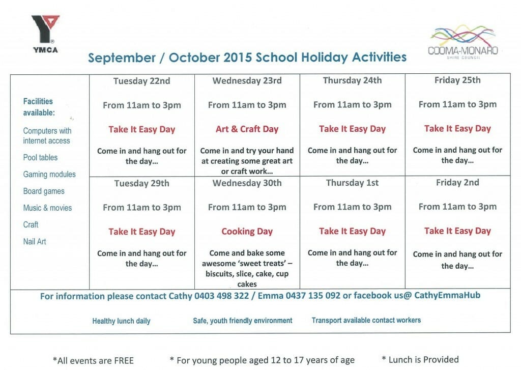 the hub school holiday sept oct 2015