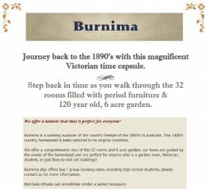 Burnima Homestead Tours 1st Saturday each month