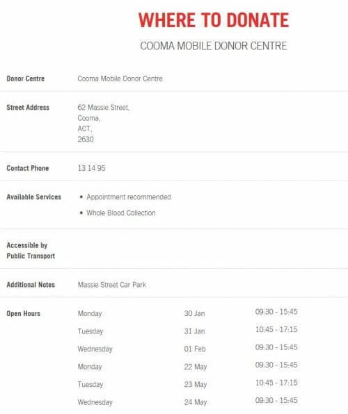 Blood Bank visits Cooma Donate at Massie Street carpark Visit Cooma