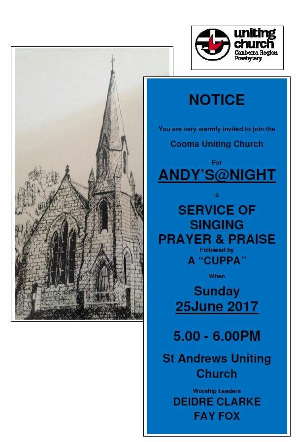 Service of singing prayer and praise St Andrews Uniting Church June 2017