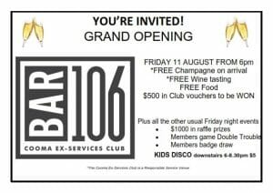 Grand Opening Bar 106 Cooma Ex Services