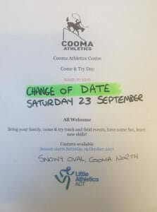 Little Athletics Come & Try Day Change of Date