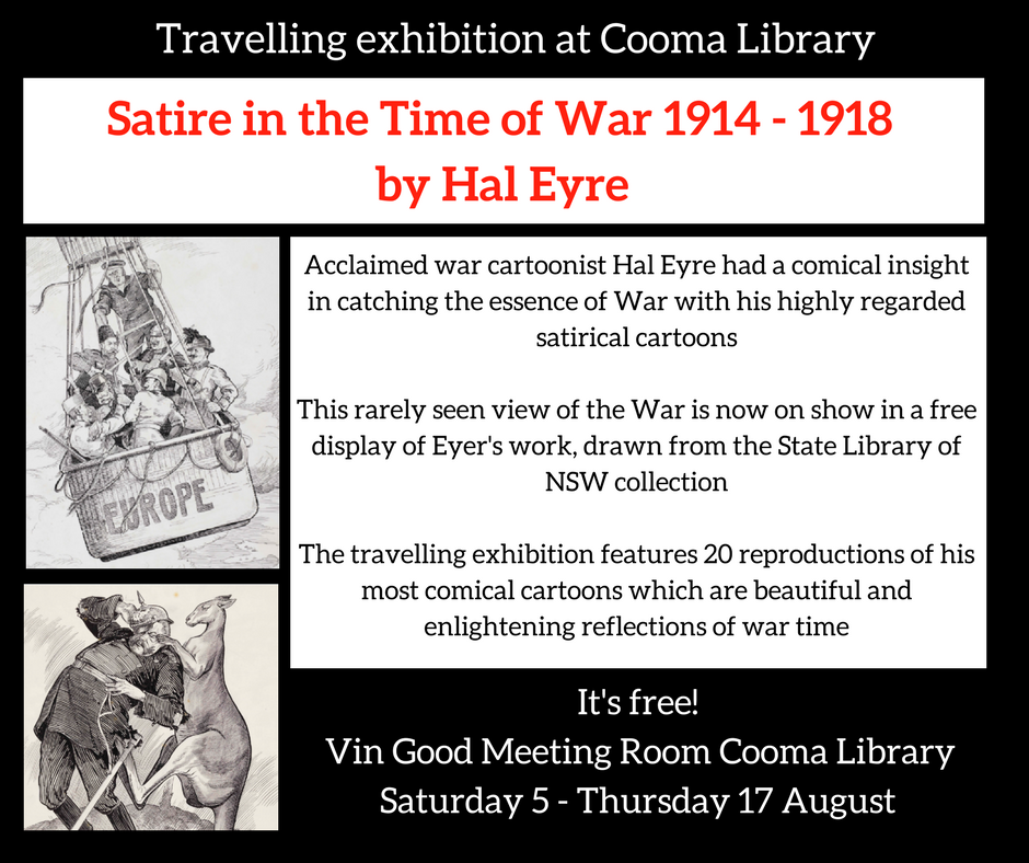 travelling exhibition satire in teh time of war by Hal Eyre cartoonist