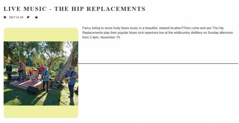 The Hip Replacements perform popular Blues Rock at Wildbrumby Distillery on the Alpine Way