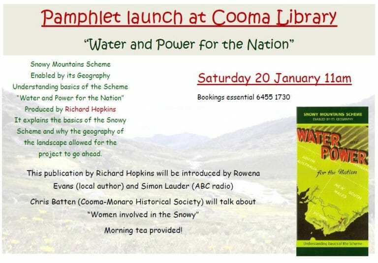 Pamphlet Launch at Cooma Library ‘Water and Power for the Nation’