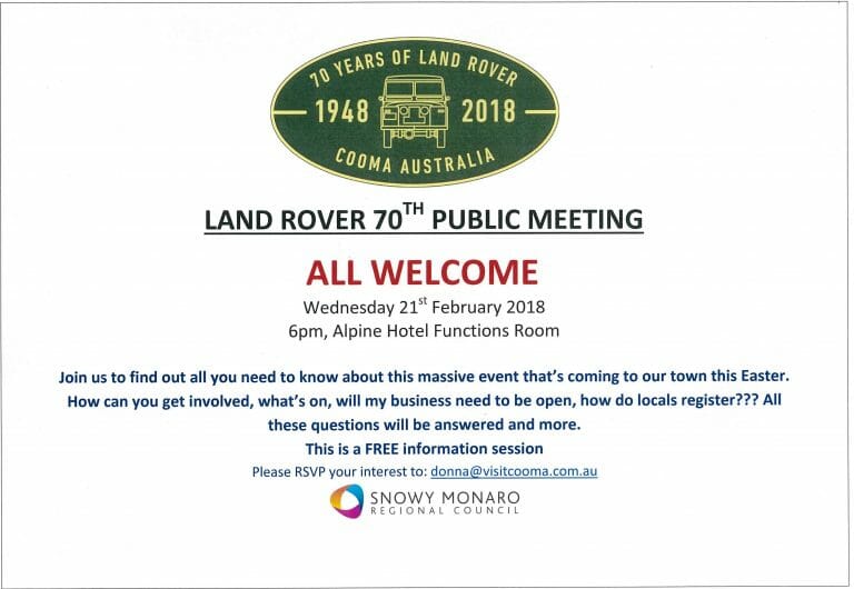 PUBLIC MEETING: Land Rover 70th Event at Cooma Easter 2018