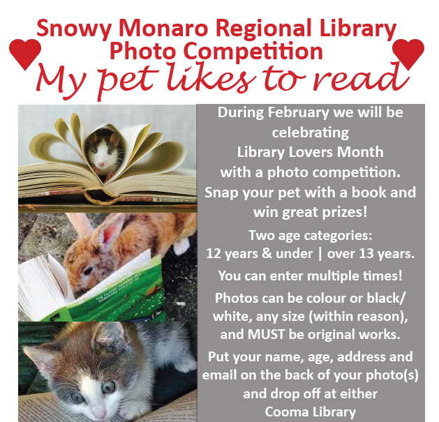 Snowy Monaro Regional Library Photo Competition ‘ My Pet likes to read’