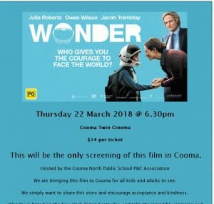 Wonder the movie, the only showing in Cooma Twin Cinema