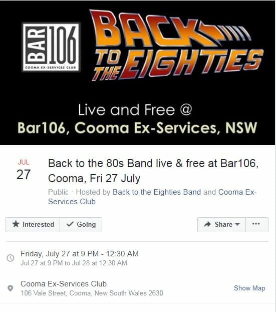Back to the Eighties Live and Free @ Bar 106, Cooma Ex-Services Club