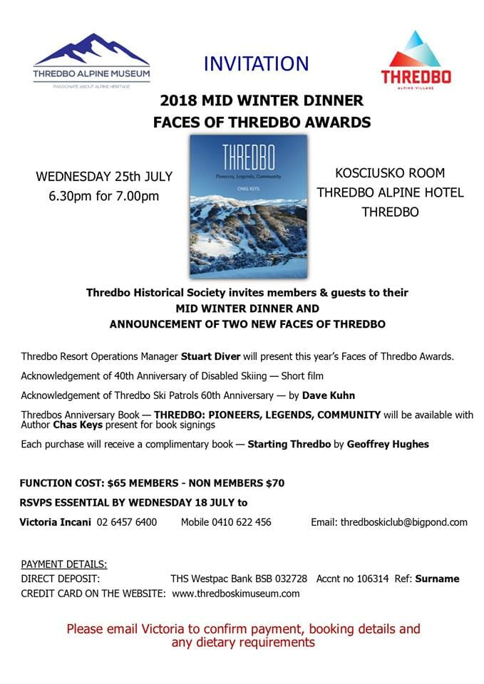 INVITATION: 2018 Mid Winter Dinner, Faces of Thredbo Awards