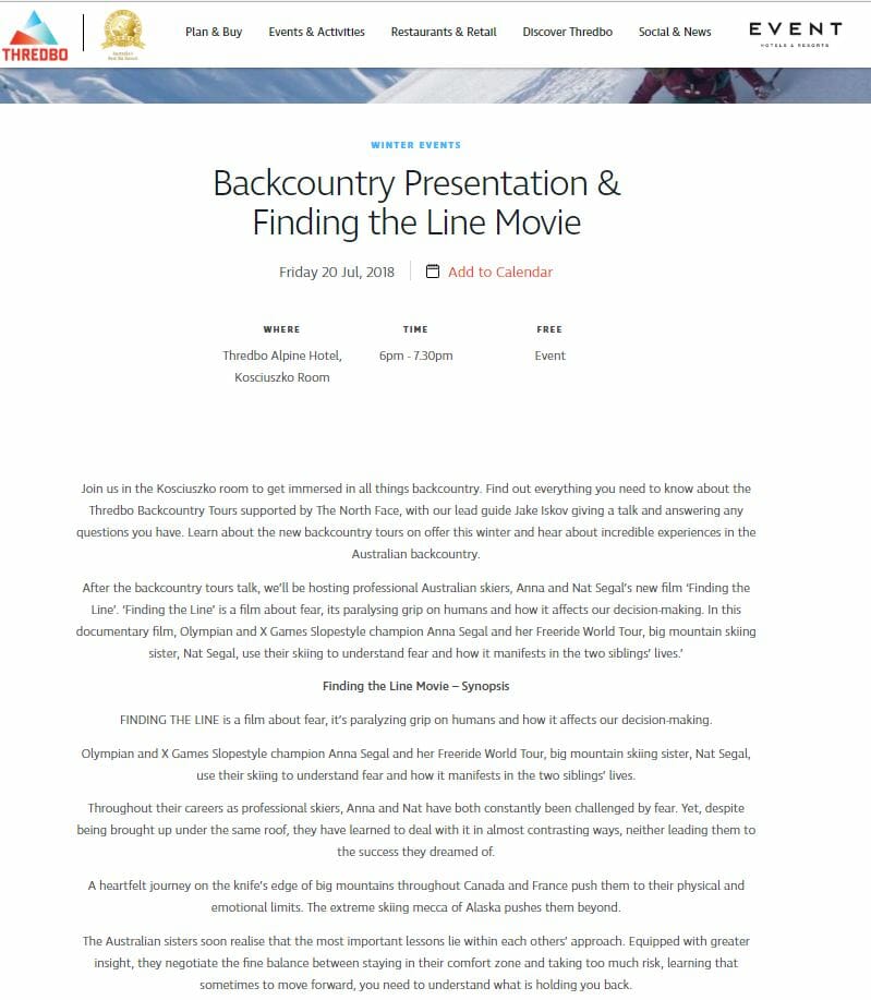 Backcountry presentation and Finding the Line Movie Screening Thredbo July 2018