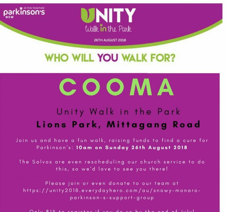 UNITY: Walk in the Park, fundraiser for Parkinson’s – Lion’s park, Cooma