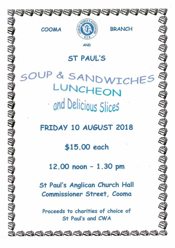 Soups Sandwiches Luncheon St Paul's Anglican charity fundraiser