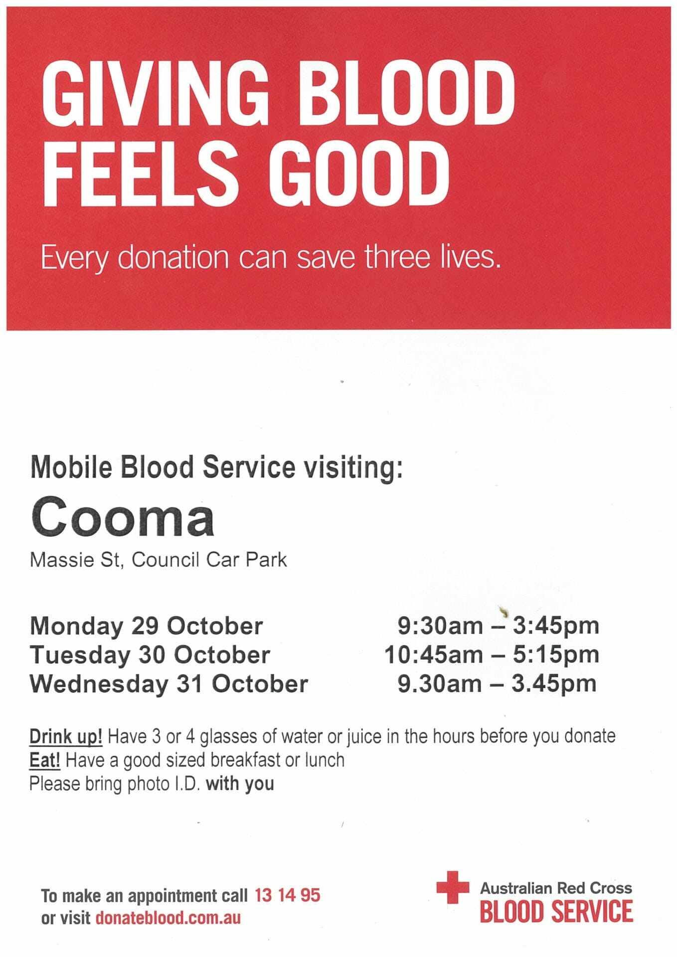 Mobile Blood Service visiting Cooma Massie Street car park Visit Cooma