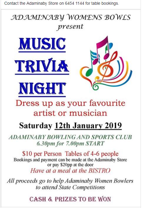 Music Trivia Night at Adaminaby Bowling and Sports Club