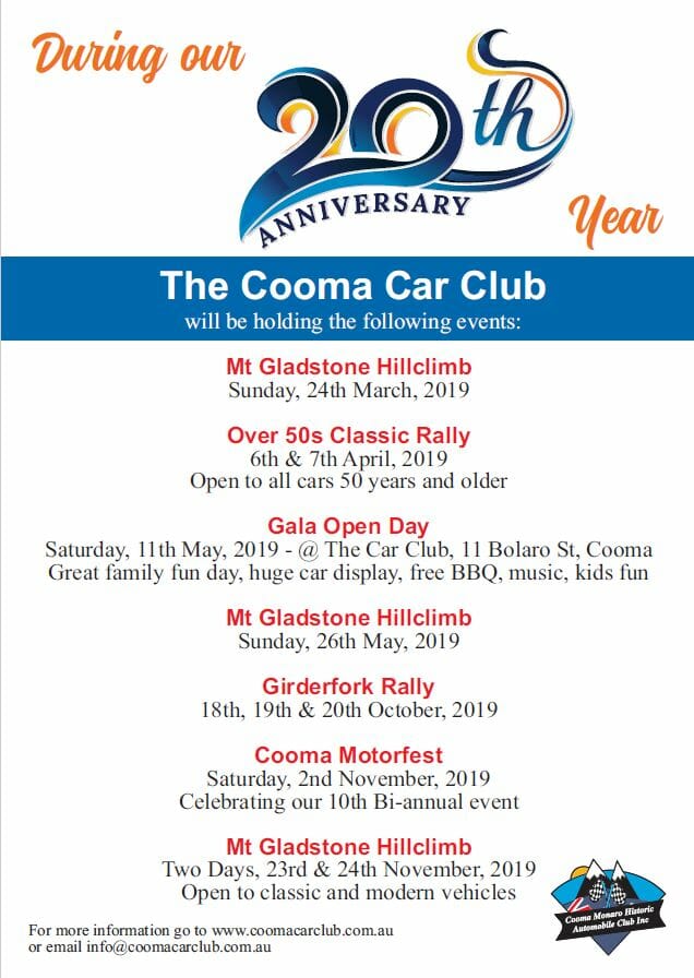 Cooma Car Club 20th year events 2019