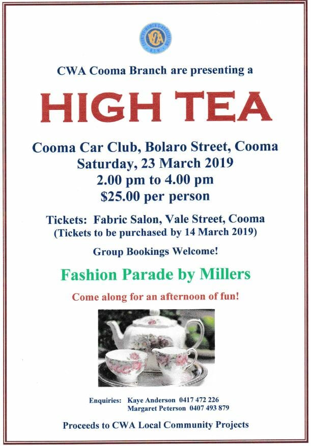 CWA Cooma presents a High Tea & Fashion Parade at Cooma Car Club