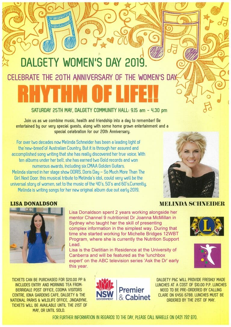 20th Anniversary Dalgety Women’s Day 2019 – Celebrate the Rhythm of Life