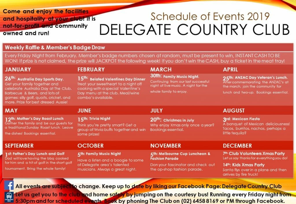 Delegate Country Club schedule of events